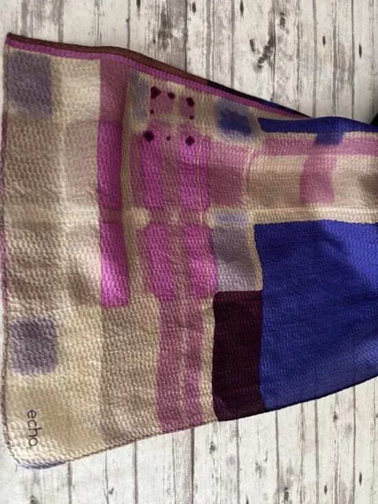 ECHO Purple Pink Brown Geometric Sheer 100% Silk Oblong Scarf 58" - Picture 4 of 7